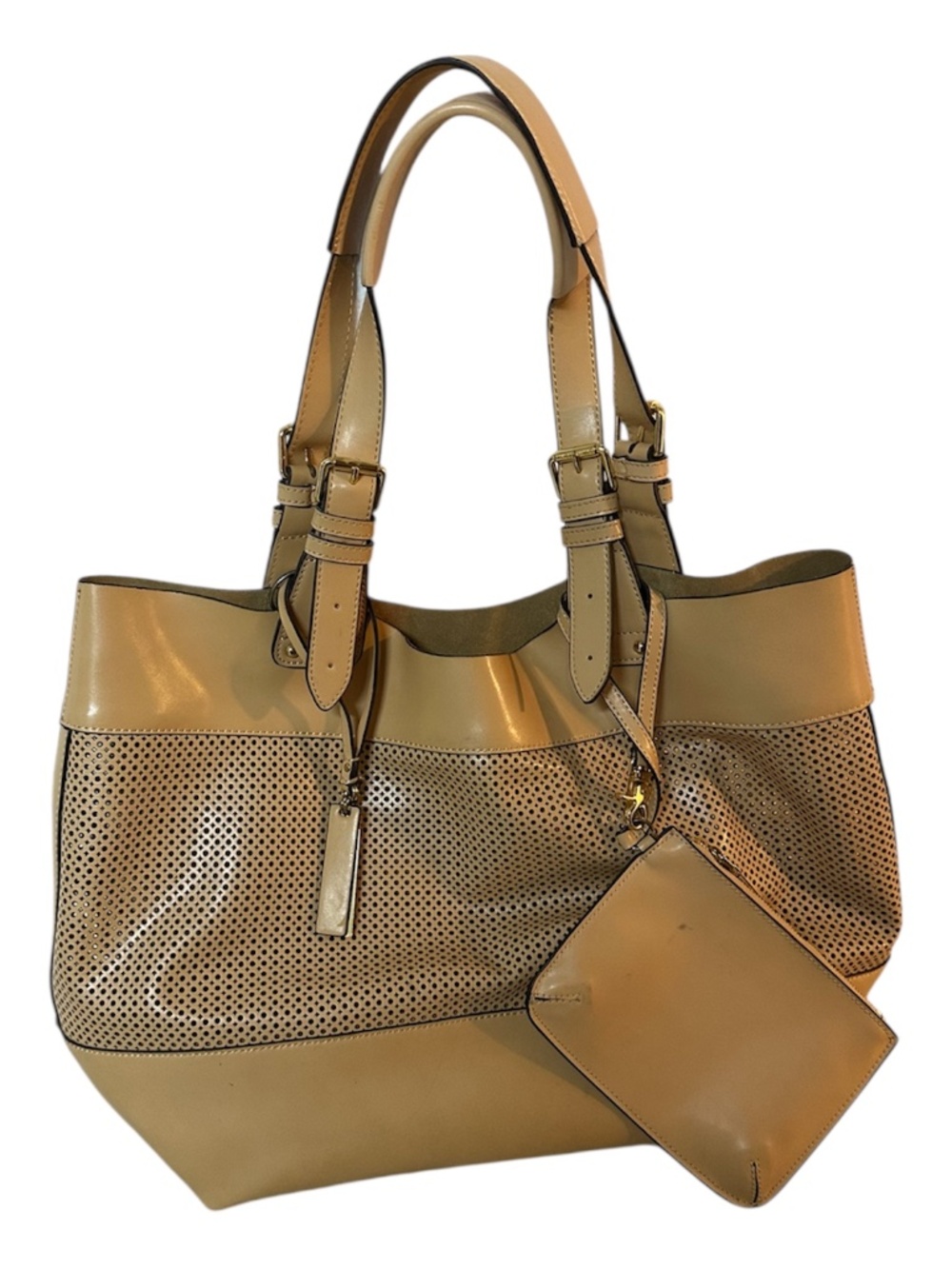 Vince Camuto Tan Perforated Leather Tote Bag w/ Matching Pouch